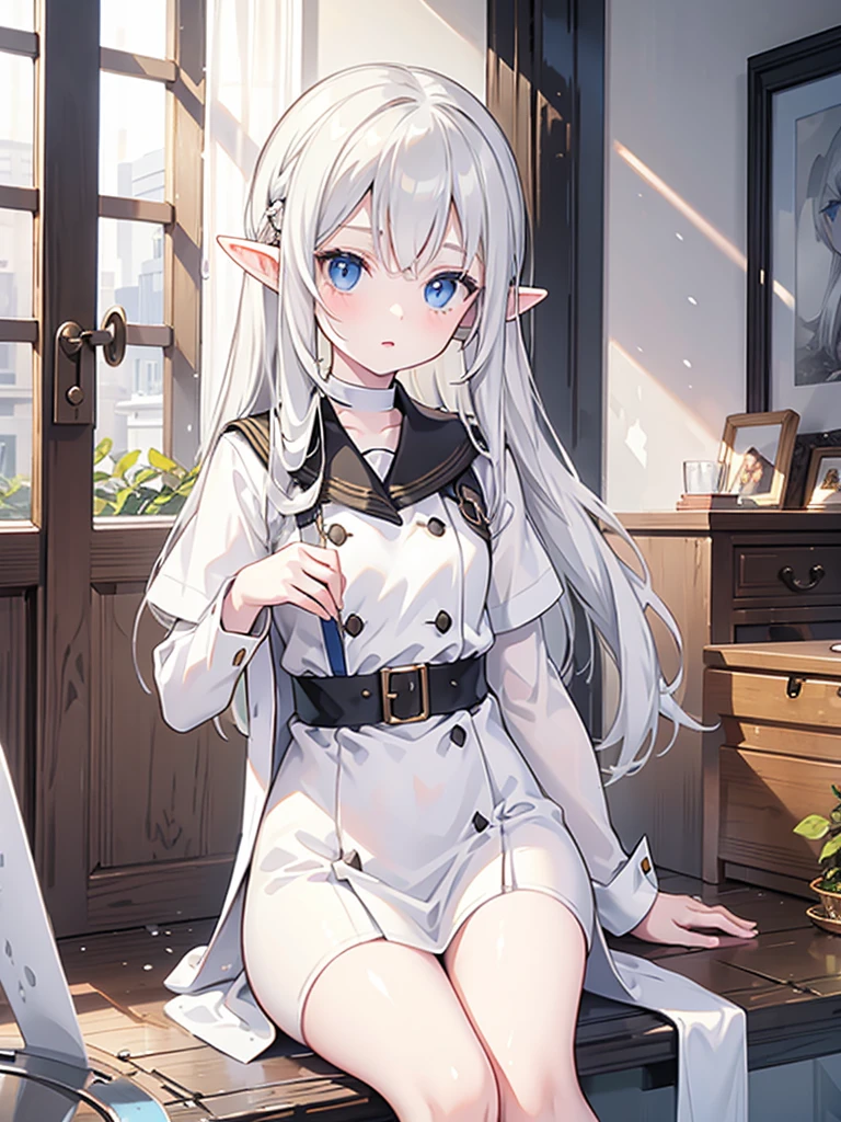 A white skinned girl,grey eyes,(Elf&#39;s ears), long black hair and ancient princess clothing 