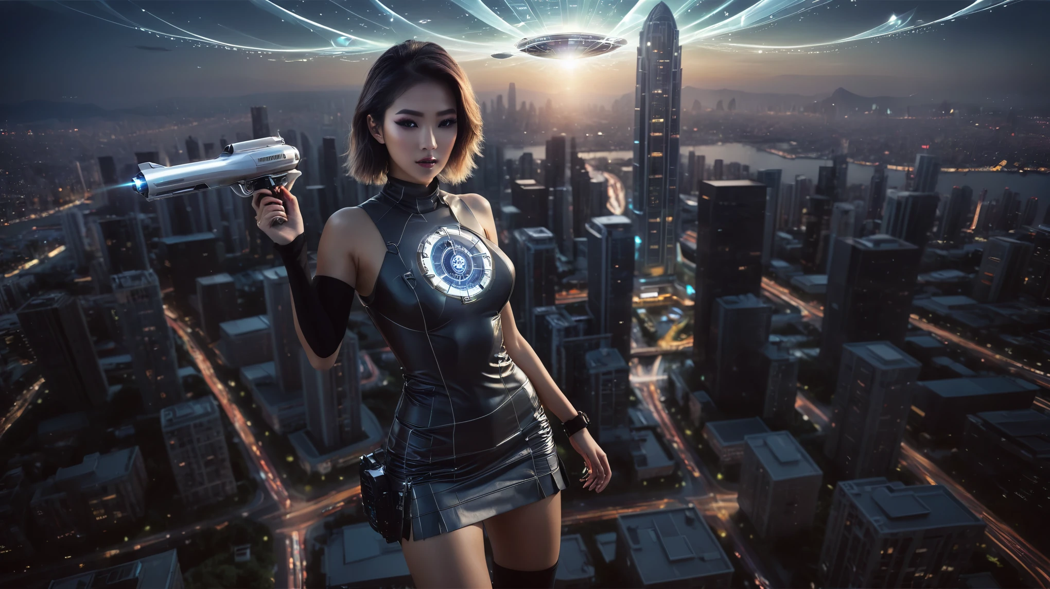 At night, dark sky, (((aerial view of futuristic sci-fi cyberpunk city, skyscrapers, (((((flying vehicle))))), (vortex-spirit-spreading giant ghost hologram (((clock tower))) as time machine), high quality))). Matrix style, (1girl, solo), photo realistic, (((large-breast:1.2 slim body, cleavage:1.3, tube top, very short pleated (((miniskirt))) exposing panty))), (((((matrix style black ((((((sunglasses)))))), aiming at camera with a (mini pistol):0.3))))), (((dynamic pose, half-body (thigh level) medium shot))), cinematic lighting, blur:0.7 background.