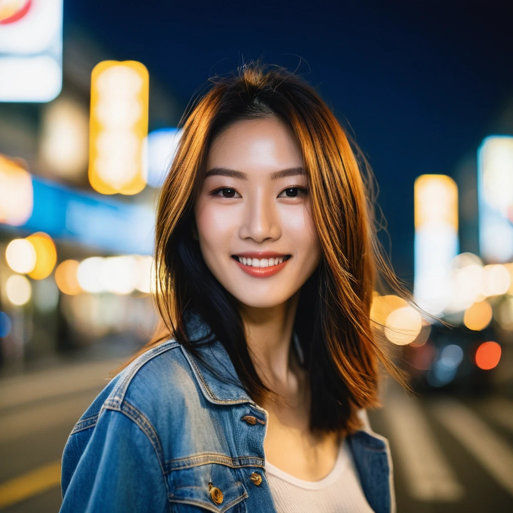 (upper body, from front bottom), Hasselblad X2D 100C + XCD 2,5/55V f/2, Kodak Professional Gold 200 film, sharp focus, ((a beautiful young idols face of Japanese model)), ((Newjeans Minji face: 1.0)), winged eye-liner, friendly smile, dynamic action posing, glowing bright realistic textures skin, long straight hair, wind storm tousling, film-grain, tilt shift, bokeh, shallowed depth of field, cinematic, Yaowarat road night background, vibrant heavenly lights sky, 