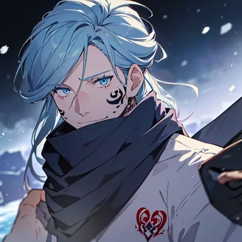 (messy blue hair),(((一人のエルフのmale))),high quality,heavy clothing,adventurer,winter,(hiding the mouth with a scarf),a moving pictu...