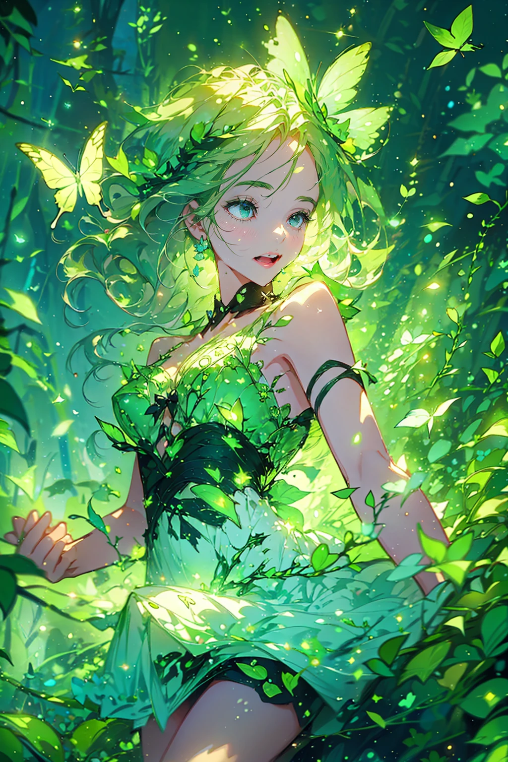 1girl,solo,cute,wizard,dress,bigbreast,cleavage,around leaf aura,perfect hands,perfect finger,explosionmagic, butterfly style,naturemagic