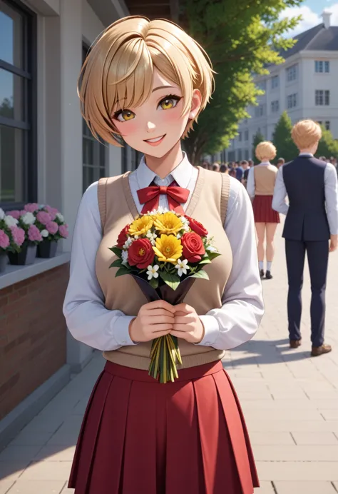 1girl, shy smile, holding a bouquet of flowers, yellow eyes, long bangs, fluffy short pixie hair, pixie haircut, light-blonde ha...