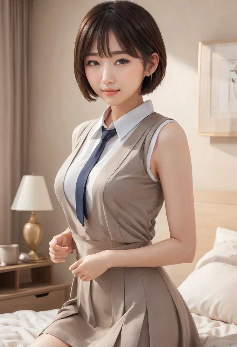 (full body portrait of a 19 year old Japanese girl), (beautiful detailed eyes, beautiful detailed lips, extremely detailed face), (Japanese supermodel with C cup breasts), (wearing slutty Japanese schoolgirl uniform), (standing in luxurious bedroom), (best quality,4k,8k,highres,masterpiece:1.2),ultra-detailed,(realistic,photorealistic,photo-realistic:1.37), HDR, UHD, studio lighting, ultra-fine painting, sharp focus, physically-based rendering, extreme detail description, professional, vivid colors, bokeh, (portraits)