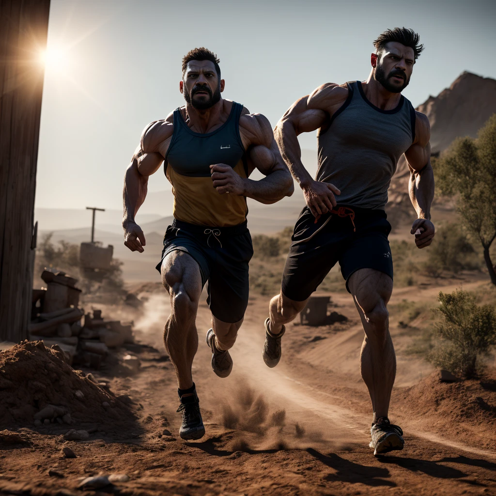 un hombre atlético musculoso, cuerpo musculoso detallado, manos venosas, mandíbula fuerte, mirada intensa, Gotas de sudor, pose de acción dinámica, corriendo por una pista de tierra, iluminación de la hora dorada, composición cinematográfica, photoRealista, hiper detallado, 8K, (mejor calidad,4k,8K,alta resolución,obra maestra:1.2),ultra detallado,(Realista,photoRealista,photo-Realista:1.37),iluminación dramática,atmósfera cinematográfica