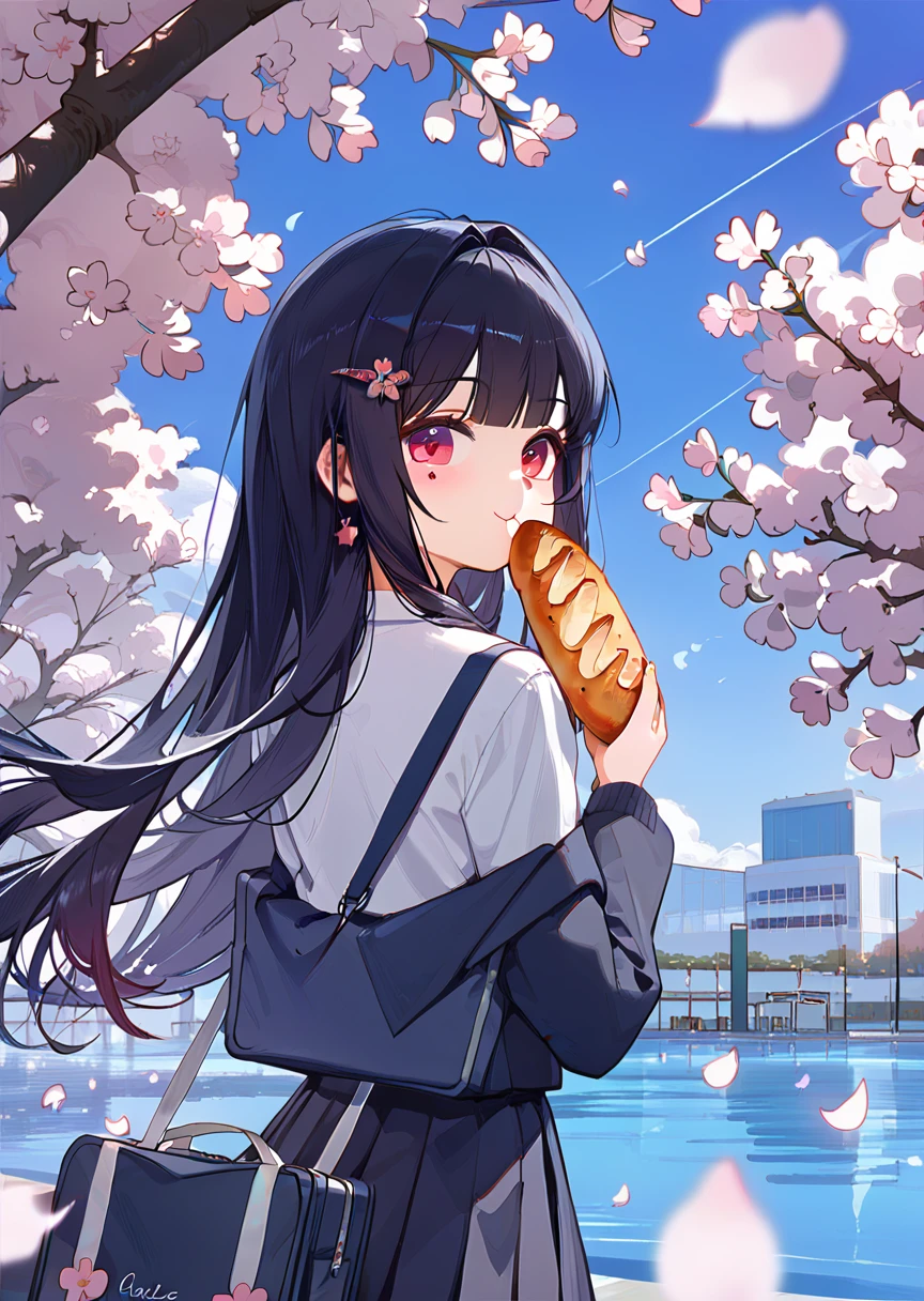 score_9, score_8_up, score_7_up, absurdres, 1girl, sparklehsrpv, open jacket, hairclip, looking back, mouth holding bread slice, school bag, cherry blossoms, petals, outdoors, 