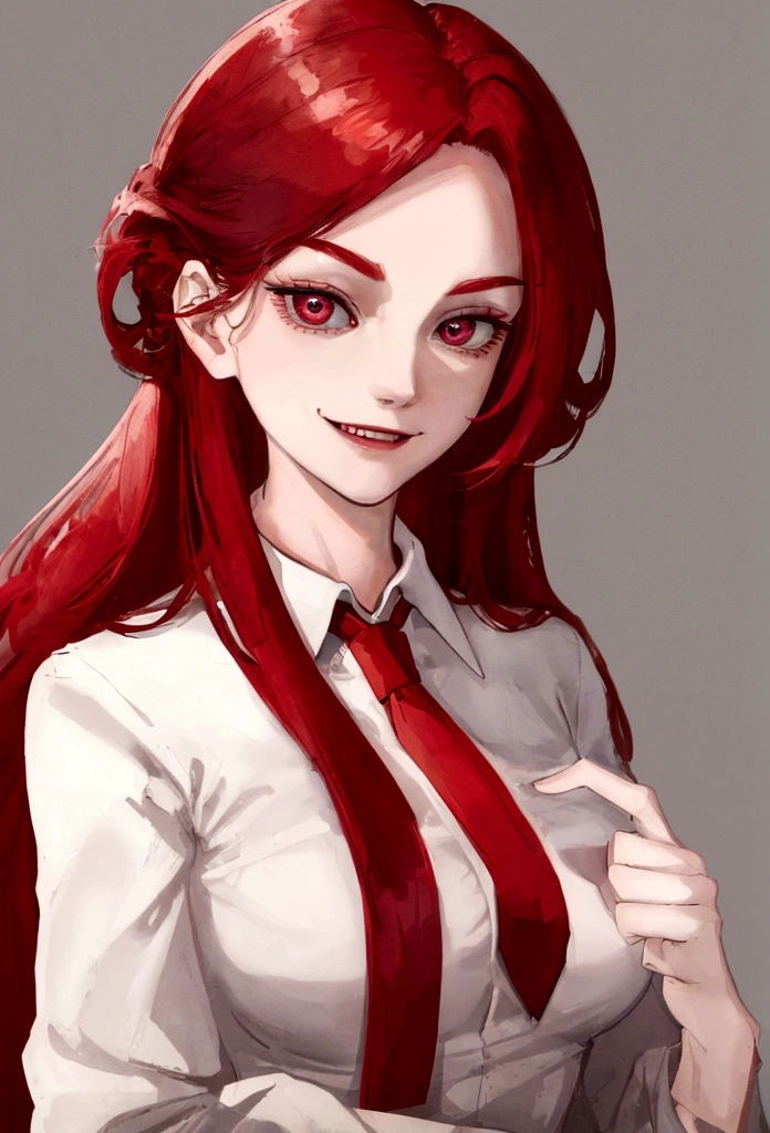 (Masterpiece:1.2, Best Quality), 1 woman, looking towards the viewer, White shirt red tie, medium breasts, Casual, long red hair, minimal makeup, , pale,Natural fabrics, closeup face, ((evil smile)), bright eyes circular pupils,8K high resolution, detailed lines,blurred background,