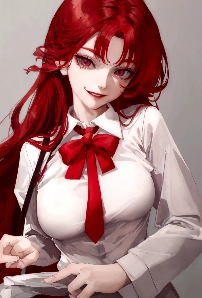 (Masterpiece:1.2, Best Quality), 1 woman, looking towards the viewer, White shirt red tie, medium breasts, Casual, long red hair, minimal makeup, , pale,Natural fabrics, closeup face, ((evil smile)), bright eyes circular pupils,8K high resolution, detailed lines,blurred background,