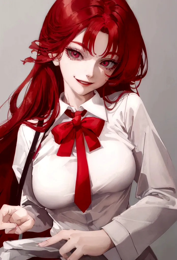 (Masterpiece:1.2, Best Quality), 1 woman, looking towards the viewer, White shirt red tie, medium breasts, Casual, long red hair...