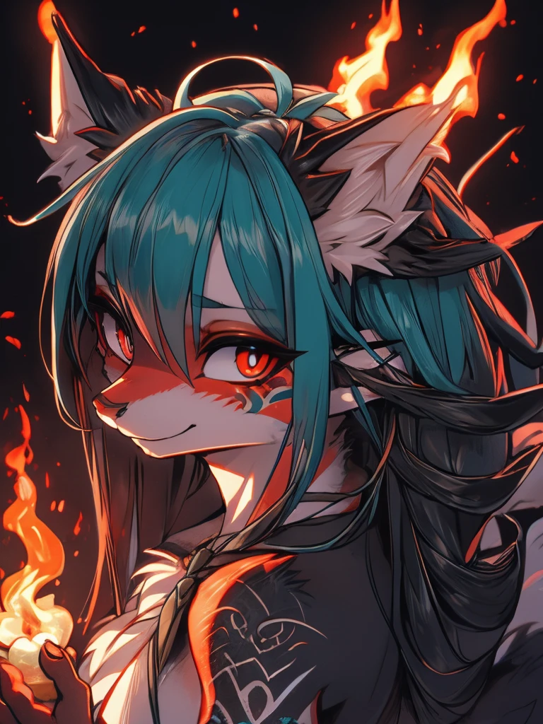 Miku Hatsune, add high definition_detail:1, blue fur,kitsune ears, tribal tattoo add_detail:1, in hell add_detail, batwigns add_detail Fer yokai kitsune add_detail:1