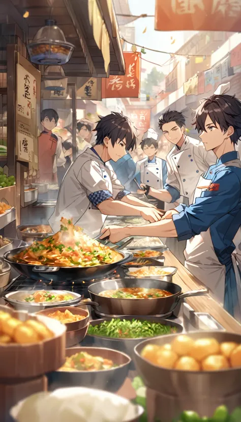 "handsome young man with dark hair, professional chef wearing costume, standing at a bustling food stall. he is concentrating、i ...