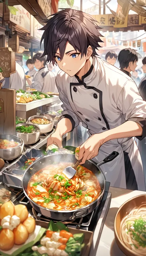 "handsome young man with dark hair, professional chef wearing costume, standing at a bustling food stall. he is concentrating、i ...