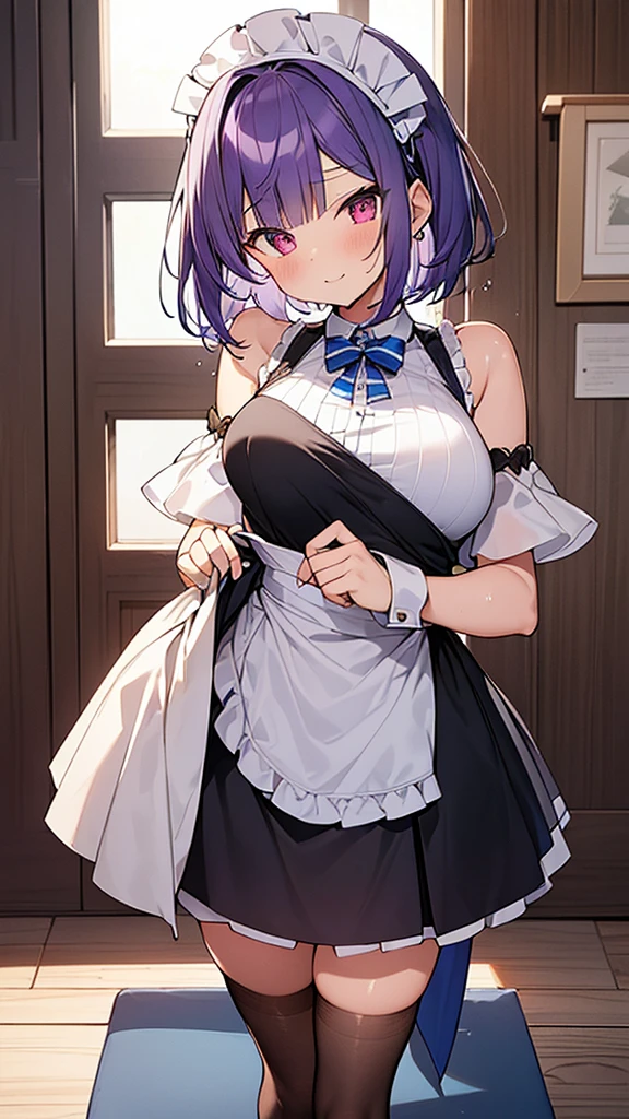 最high quality, high quality, Super detailed, 32k, Ultra-detailed details, Sister and maid, (only, Standing, pretty girl, beautiful purple hair, short hair, Beautiful RED eyes, mature, Big Breasts, A light smile, Off-the-shoulder sleeveless Summer メイド服, Summer casual maid clothes, Short skirt, Blue and white color striped underwear, Black knee socks, loafers, My crotch is wet with love juice, 18-year-old,cute), {{ターゲットの男の妹,The succubus infiltrates the mansion, peels the skin off her sister&#39;s face, replaces it with her own, and puts on a maid outfit with her sister&#39;s face, lifting her skirt to show her underwear., Mature body and sister&#39;s face}, She has transformed from a shy maid into a lewd one., A maid with her sister&#39;s face stuck on her face is vigorously pistoning her body, A maid who moves her body vigorously without caring if her breasts bounce, Super detailed, indoor, Full body image, ((Head to Toe:1.3)), NSFW