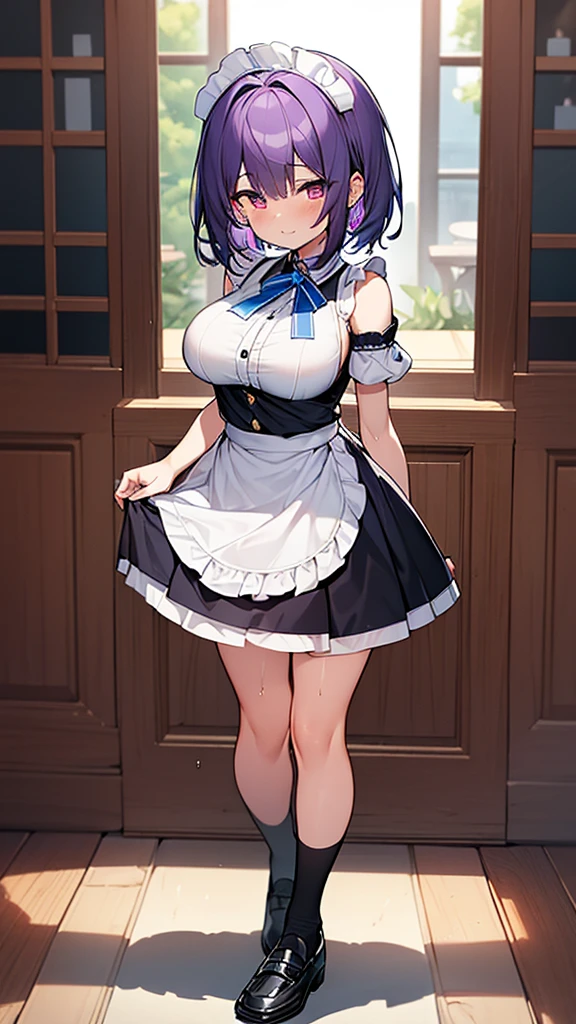 最high quality, high quality, Super detailed, 32k, Ultra-detailed details, Sister and maid, (only, Standing, pretty girl, beautiful purple hair, short hair, Beautiful RED eyes, mature, Big Breasts, A light smile, Off-the-shoulder sleeveless Summer メイド服, Summer casual maid clothes, Short skirt, Blue and white color striped underwear, Black knee socks, loafers, My crotch is wet with love juice, 1,cute), {{ターゲットの男の妹,The succubus infiltrates the mansion, peels the skin off her sister&#39;s face, replaces it with her own, and puts on a maid outfit with her sister&#39;s face, lifting her skirt to show her underwear., Mature body and sister&#39;s face}, She has transformed from a shy maid into a lewd one., A maid with her sister&#39;s face stuck on her face is vigorously pistoning her body, A maid who moves her body vigorously without caring if her breasts bounce, Super detailed, indoor, Full body image, ((Head to Toe:1.3)), NSFW