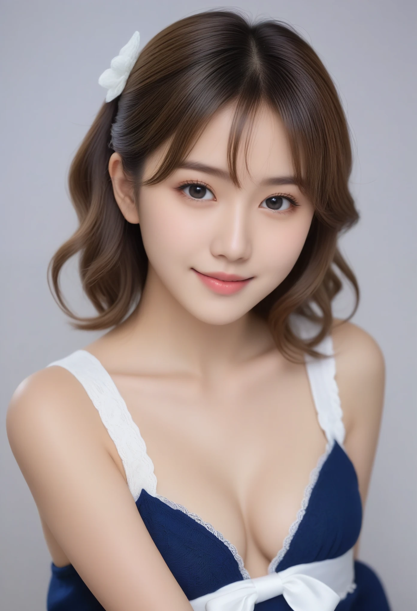 8K, Ultra-high resolution, Highest quality, masterpiece, 三分割法によるphotograph,Surreal, photograph, 1 Girl, (16 years old:1.3), pretty girl, Cute face, Beautiful eyes in every detail, In detail,masterpiece,, One Girl:1.2, Japan Female Announcer,(A very cute 20 year old young woman from Japan.),  ((Light blonde delicate hair)), ((Short hair with side waves and twin tails)),(((Slim and slender figure)))，Medium bust size､Small breasts､ (((Clean your hands)))，(curly/curly髪)，(((A very kind smile))), (((She is wearing navy blue and white lace panties.)))，(((She is wearing a navy blue and white knitted dress.))) ，((Highest quality, 16 k race, Pieces fly: 1.3)), Light on the face, Highly detailed face, Highly detailed lips, Fine grain,