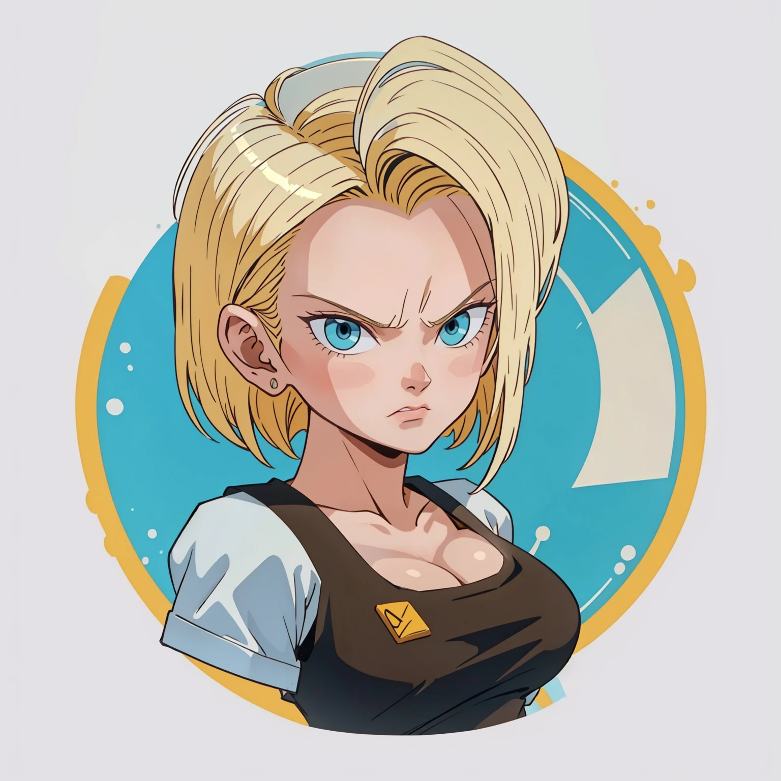 ((1girl,  android 18 , blonde hair, short hair, blue eyes, 1girl, white background, blonde hair, angry face, closed mouth)), looking at the viewer, 