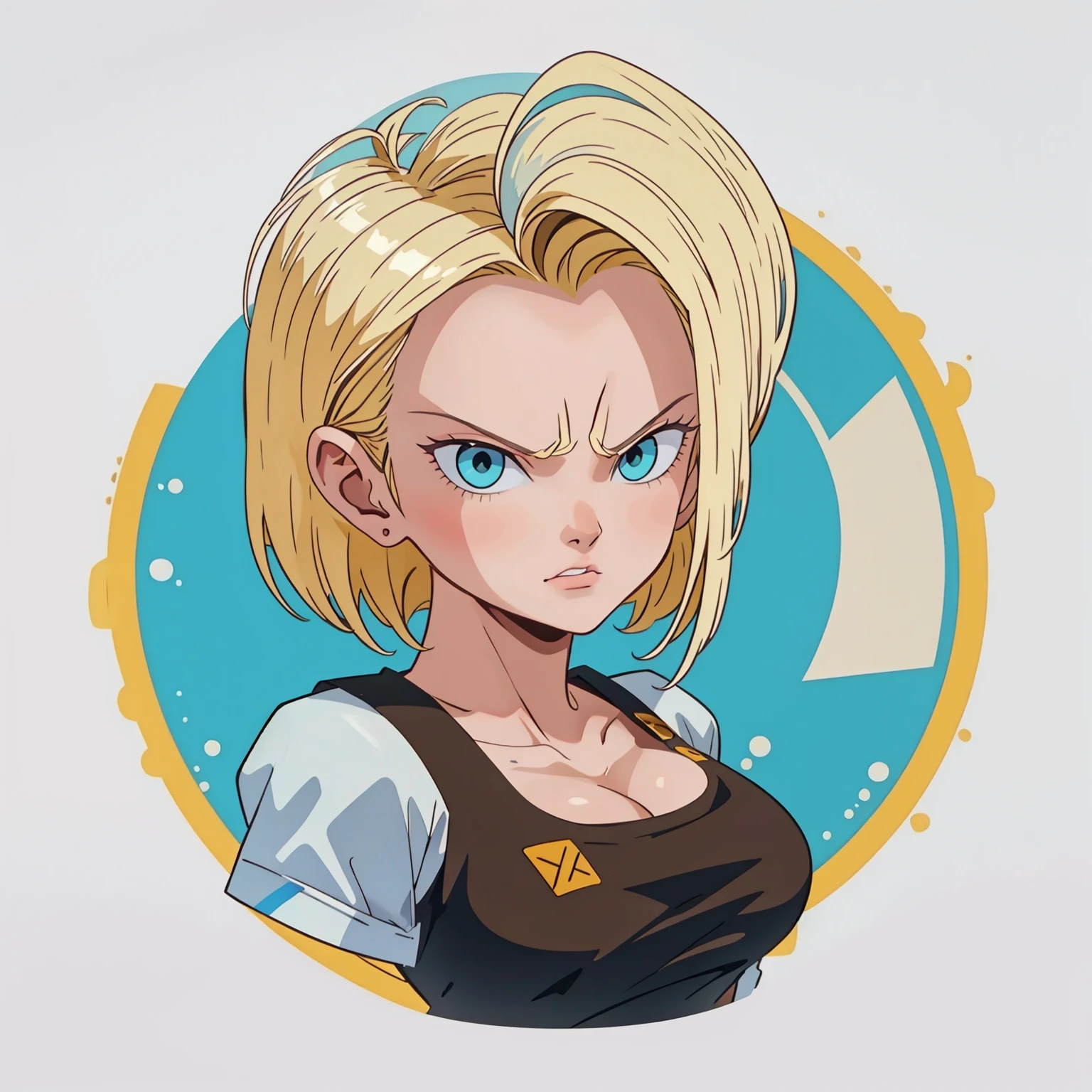 ((1girl,  android 18 , blonde hair, short hair, blue eyes, 1girl, white background, blonde hair, angry face, closed mouth)), looking at the viewer, 