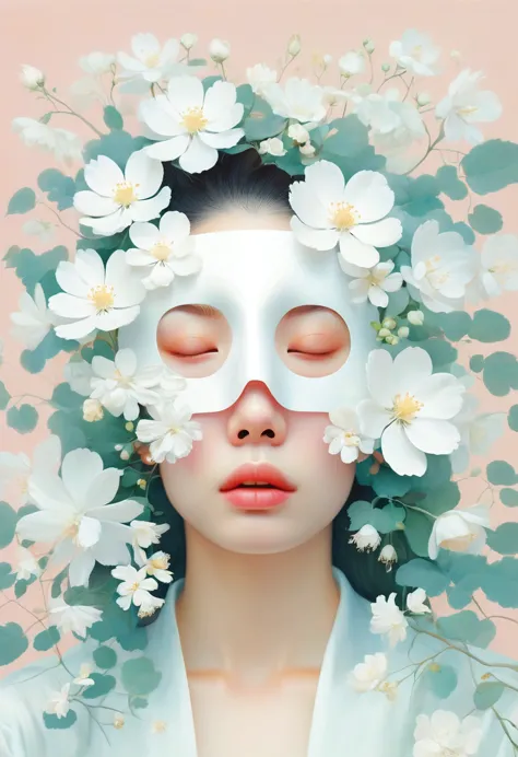 blond woman with white flowers covering her face and eyes, inspired by hsiao-ron cheng, inspired by yanjun cheng, by ayami kojim...