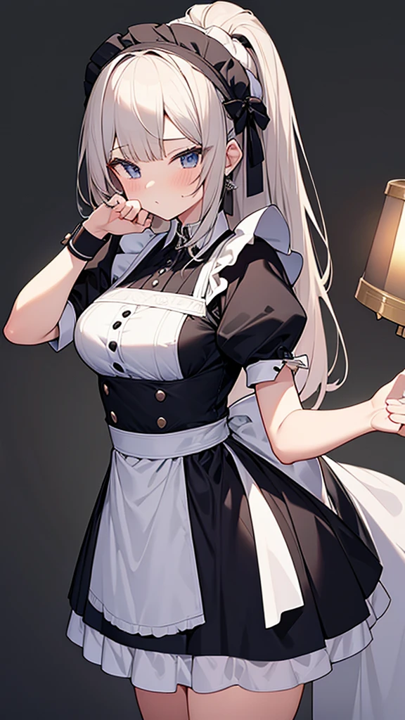 最high quality, high quality, Super detailed, 32k, Ultra-detailed details, Sister and maid, {{Mature adult maid steals sister&#39;s face}}, (Standing, pretty girl, beautiful purple hair, short hair, Beautiful RED eyes, mature, Big Breasts, A light smile, Off-the-shoulder sleeveless Summer メイド服, Summer casual maid clothes, Short skirt, Blue and white color striped underwear, Black knee socks, loafers, She&#39;s holding up her skirt with both hands to show her underwear, 1,cute), A maid who moves her body vigorously without caring if her breasts bounce, Super detailed, indoor, Full body image, ((Head to Toe:1.3)), NSFW