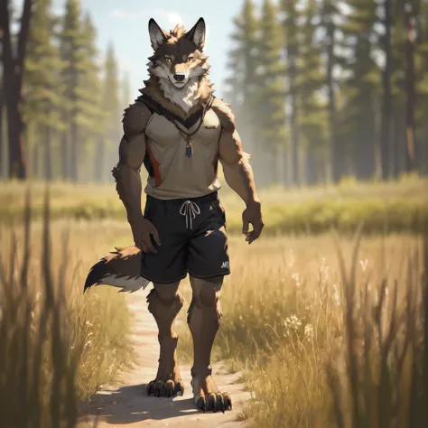 furry,male,anthropology(Prairie wolf),high quality,Correct structure,Brown fur,masterpiece,Depth of Field,Standing,black shorts,...