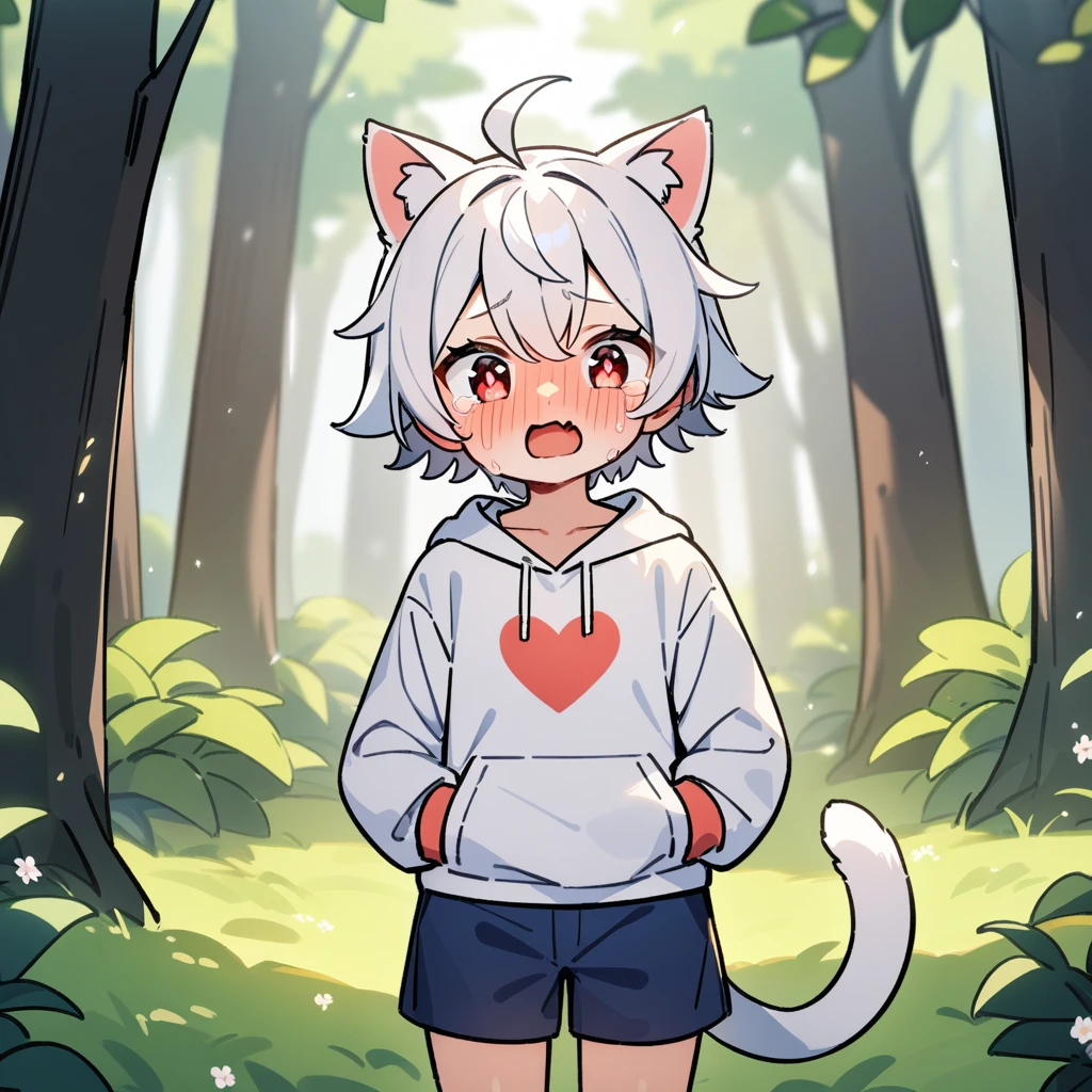 （masterpiece：1.2，high quality），8K，High resolution，A seven-year-old boy，cute boy，white hair，short hair，red eyes，heart-shaped pupils， ahoge，cat ears，full-face blush，tears，skin fang，Halation，Wearing a white hoodie，Dark blue shorts，Stand in the forest，There are flowering trees on both sides.，primary school student，thigh，alone，cat tail，（Put your hands in your pockets）