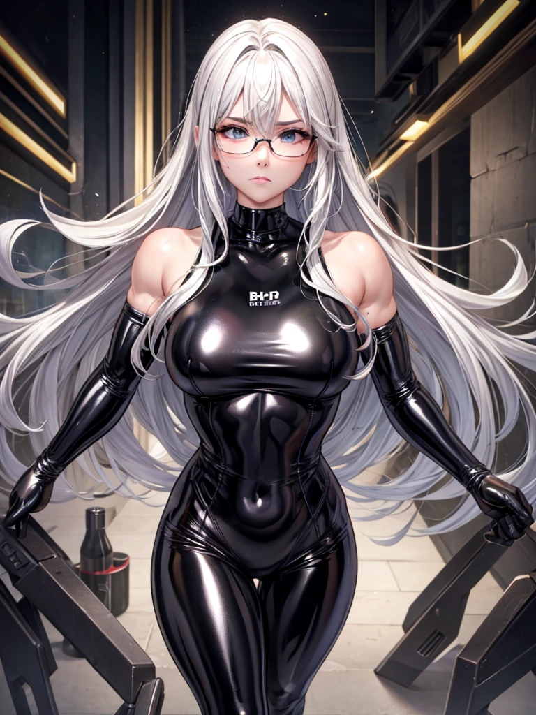 8k UHD of the highest quality、A muscular silver-haired beauty in glasses and a metallic black latex bodysuit poses with her legs spread..、Metallic Black Latex Wetsuit with Hidden Skin.