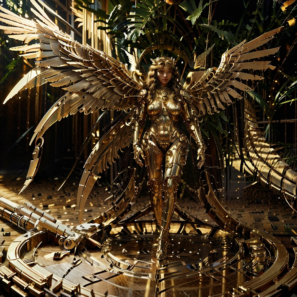 (обнаженная девушка-ангелочек)),Девушка с очень большими золотыми крыльями роботизированного ангела, ((Джунгли выше)),  (Лучшее качество, 8К, шедевр: 1.3)), Острый фокус: 1.2, все тело, Красивая женщина с идеальной фигурой: 1.4, плоский живот: 1.2, ((Длинные вьющиеся волосы, большая круглая грудь)), (футуристическая элегантная золотая броня с замысловатыми деталями.), ходить, высокодетализированная текстура лица и кожи,подробные глаза, шедевр