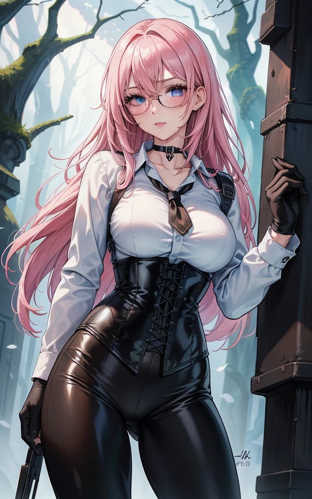 Masterpiece, Beautiful art, professional artist, 8k, art style by sciamano240, Very detailed face, Detailed clothing, detailed fabric, 1 girl, perfectly drawn body, fighting pose, beautiful face, long hair, blue eyes, very detailed eyes, pink cheeks, shy expression, glasses, choker:1.6, (long sleeve white collar buttoned shirt), black gloves, gloves covering hands, (holding an AK-47), (black leather corset), (shiny black leggings), sensual lips ,  evening de invierno, show details in the eyes, view from front, looking at the viewer, dark path, dark forest, evening, Atmosphere, fog