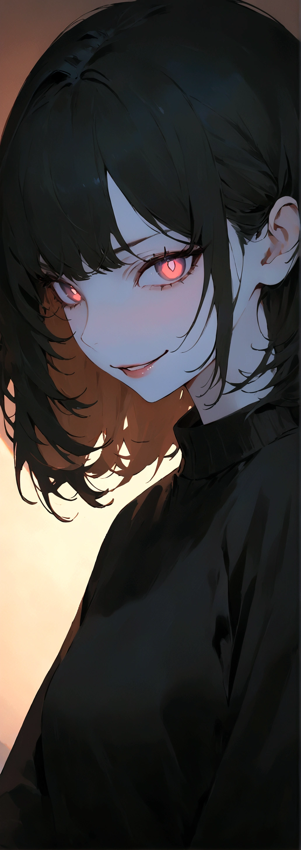 (Masterpiece:1.2, Best Quality), 1 woman, whole body, black sweater, Casual, by the green wide, minimal makeup, , pale,Natural fabrics, closeup face, evil smile, bright eyes circular pupils,8K high resolution, detailed lines, ((whole body))