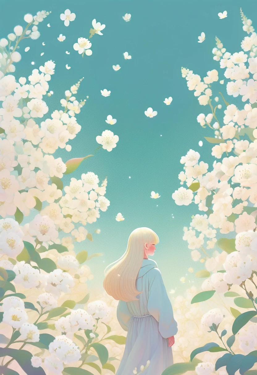 An illustration with soft tones and a dreamy feel。The characters in the picture are covered with a large number of small white flowers，Gives a hazy and mysterious visual effect。Soft space，Modern illustration elements。Tranquility、Pure atmosphere，Reminiscent of spring and new life。blond woman with white flowers covering her face and eyes, inspired by Hsiao-Ron Cheng, inspired by Yanjun Cheng, by Ayami Kojima, by Hsiao-Ron Cheng, by Yanjun Cheng, Guweiz, artwork in the style of Guweiz, by Eizan It&#39;s a gift, cake, james jean and wlop