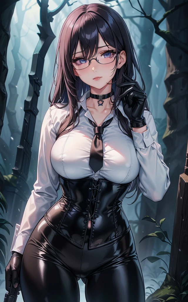 Masterpiece, Beautiful art, professional artist, 8k, art style by sciamano240, Very detailed face, Detailed clothing, detailed fabric, 1 girl, perfectly drawn body, fighting pose, beautiful face, big breasts, long hair, blue eyes, very detailed eyes, pink cheeks, shy expression, glasses, choker:1.6, (long sleeve white collar buttoned shirt), black gloves, gloves covering hands, (holding an ), (black leather corset), (shiny black leggings), sensual lips ,  evening de invierno, show details in the eyes, view from front, looking at the viewer, dark path, dark forest, evening, Atmosphere, fog