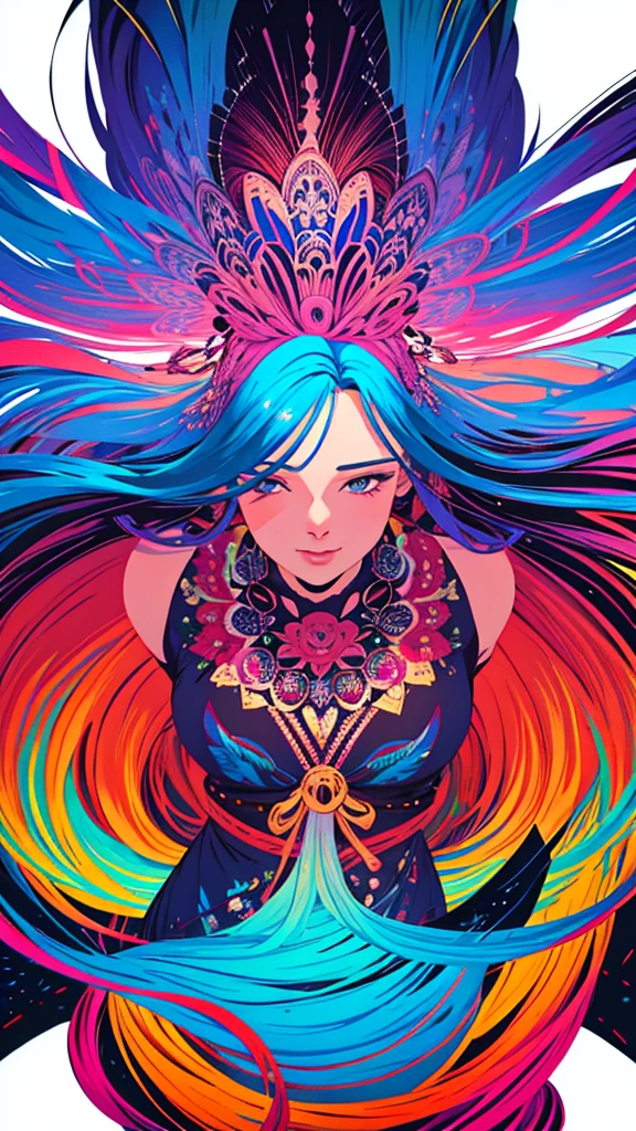 A painting of a woman with long hair and colorful hair, Beautiful digital illustration, stunning digital illustration, gorgeous digital art, A beautiful artwork illustration, Beautiful digital artwork, beautiful digital art, Exquisite digital illustration, intricate digital painting, Very Beautiful Digital Art, vibrant digital painting, beautiful gorgeous digital art, psychedelic flowing hair, colorful digital painting, Inspiring digital art, Stylized digital art