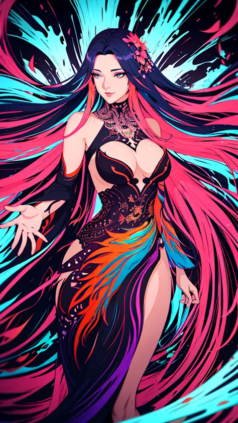 a painting of a woman with long hair and colorful hair, beautiful digital illustration, stunning digital illustration, gorgeous ...