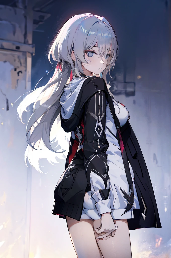 1girl, {Solitary}, Upper Body ,{{ {Watching at viewer}}}, Arms at your sides, Concept Art, white Background, simple Background, White hair, Silver gradient hair , Composite cloth, Asymmetrical clothes, Virtual YouTuber, best quality, masterpiece, Dynamic Angle, , cowboy_shooting, Watching_Back, grab, girl,Miss,woman, young,20 years old, Very long hair, Hair Flip, Silver Hair, Flowing hair, Ahog, giggle, Beautiful and delicate golden eyes, teeth, Large Breasts, Blonde eyes, White skin, hoodie, Black_shorts, Gray clothes, transparent_Background, Backlighting, absurd, high resolution, Extremely detailed,sweater,No pants