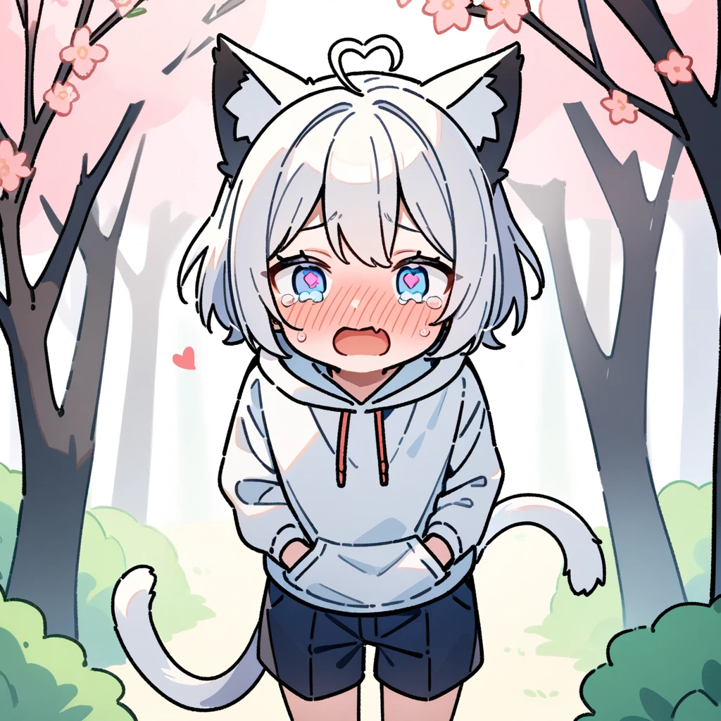 （masterpiece：1.2，high quality），8K，High resolution，A seven-year-old boy，cute boy，white hair，short hair，light blue eyes，（（heart-shaped pupils））heart ahoge，cat ears，full-face blush，tears，skin fang，Halation，Wearing a white hoodie，Dark blue shorts，Stand in the forest，There are flowering trees on both sides.，primary school student，thigh，alone，cat tail，（Put your hands in your pockets）