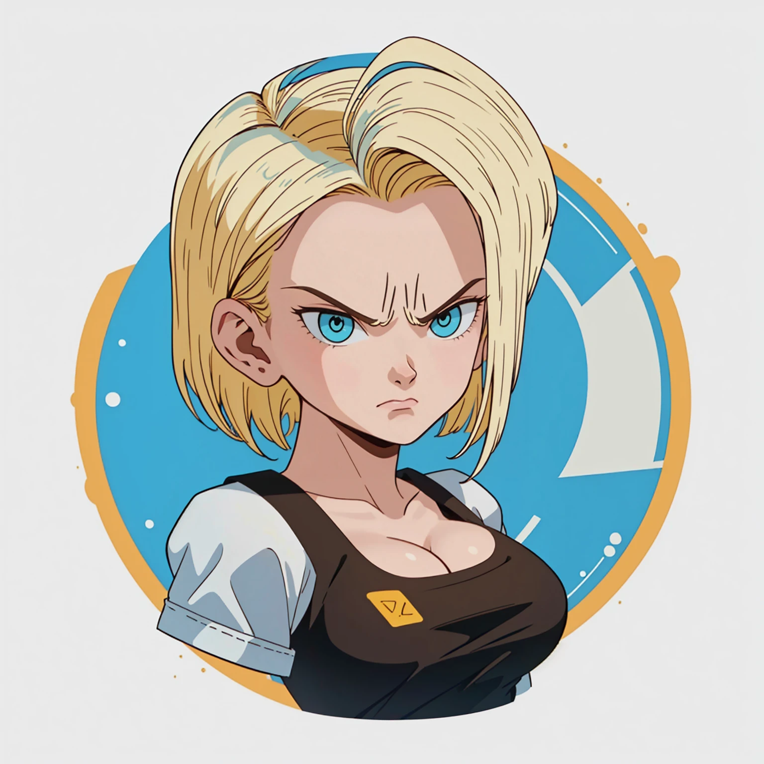 ((1girl,  android 18 , blonde hair, short hair, blue eyes, 1girl, white background, blonde hair, angry face, closed mouth)), looking at the viewer, 