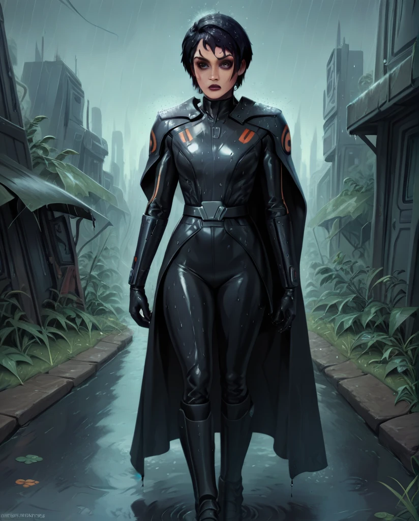 score_9,score_8_up,score_7_up,score_6_up, sabine wren ,,black hair, FULL body, wet, armor,gloves,black bodysuit,black cape,belt,rain, science fiction,sith base, star wars, outdoors, rain, solo,fflixbag wearing armor sabine wren
