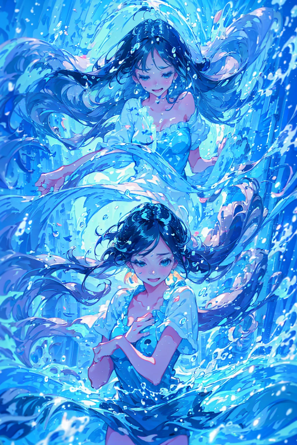 1girl,solo,cute,bigbreast,cleavage,upper body,dancing in the water,covered with water particles,water splashing face,flowing water,covered with water,hair ends with water stream,water explosion,water splashes