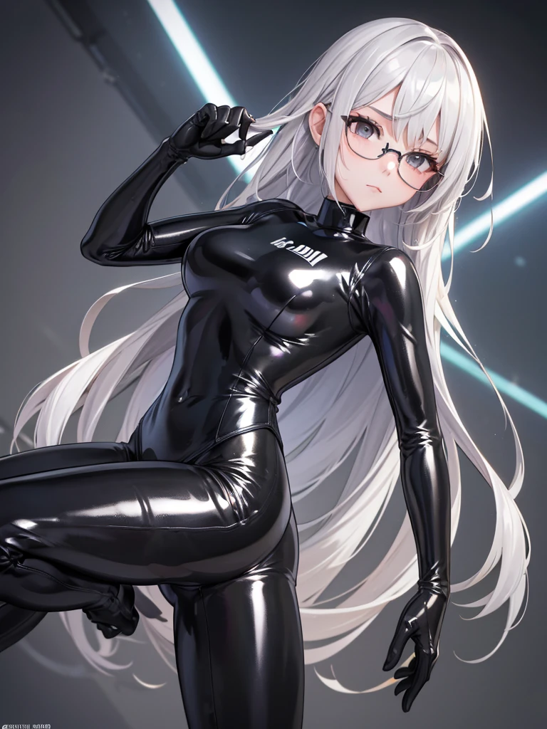 8k UHD of the highest quality. 1 girl, beautiful body, silver hair, With glasses, metallic black latex suit, Pose with legs open..、Metallic Black Latex Wetsuit with Hidden Skin.