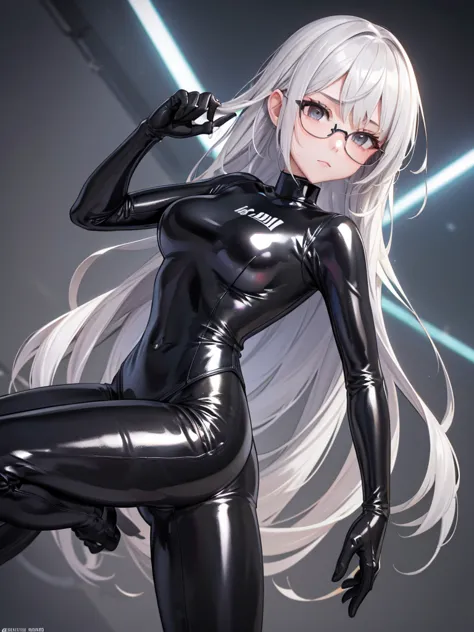 8k UHD of the highest quality. 1 girl, beautiful body, silver hair, With glasses, metallic black latex suit, Pose with legs open...