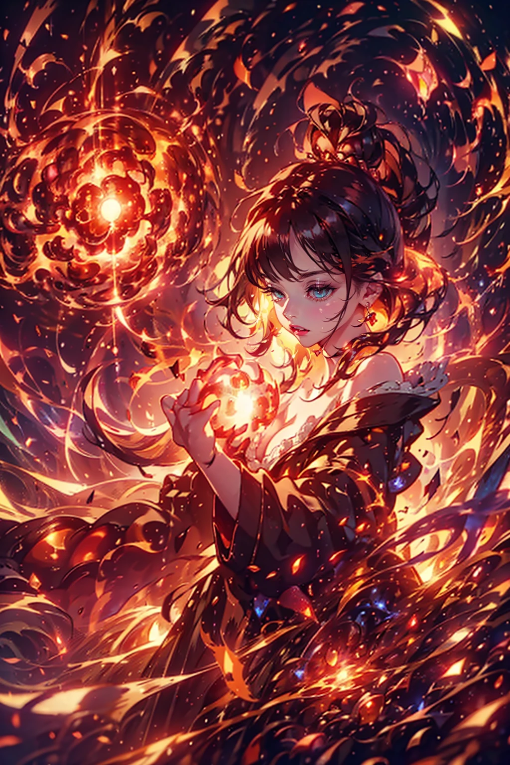 1girl,solo,cute,wizard,robe,cleavage,hold a fireball,red fireball on each hands,around fire aura,perfect hands,perfect finger,explosionmagic,glowing aura