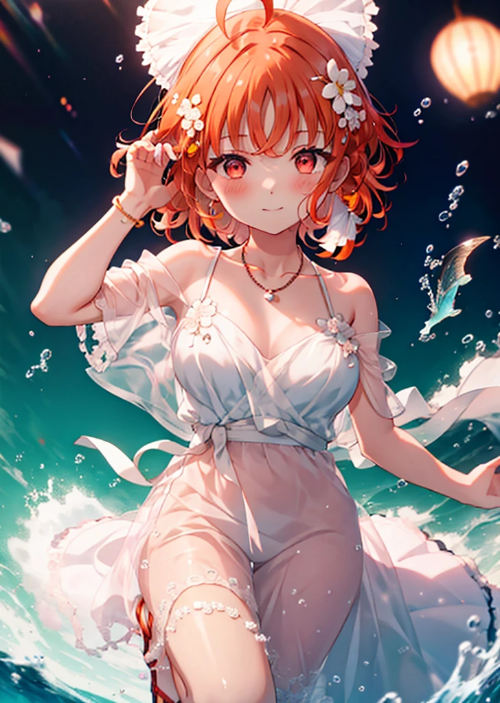 chika　takami,Orange Hair,Ahoge,Red eyes,smile,blush,Orange off-shoulder dress,Bare shoulders,bare clavicle,Bare neck,Short sleeve,Heart-shaped necklace,Long skirt,Cute heeled sandals,Walking,Daytime,Clear skies,whole bodyがイラストに入るように break outdoors, Building district, break looking at viewer, whole body, break (masterpiece:1.2), Highest quality, High resolution, unity 8k wallpaper, (figure:0.8), (Beautiful attention to detail:1.6), Highly detailed face, Perfect lighting, Highly detailed CG, (Perfect hands, Perfect Anatomy),