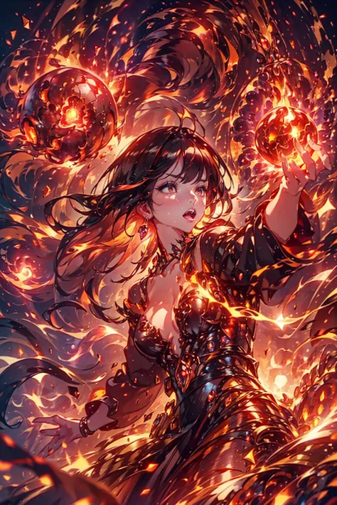 1girl,solo,cute,wizard,robe,cleavage,hold a fireball,red fireball on each hands,around fire aura,perfect hands,perfect finger,ex...