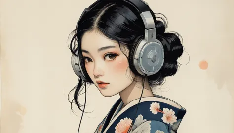 Goldfish print kimono, TATOO on the face, Highest quality, Katsushika Hokusai, Ink Painting, (((1 girl))), Japanese style headph...