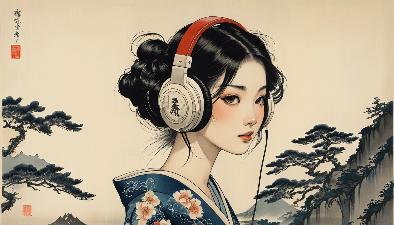 Kimono imprimé poisson rouge, TATOO sur le visage, la plus haute qualité, Katsushika Hokusai, peinture à l&#39;encre, (((1 fille))), Casque de style japonais, Belle fille, Cheveux noirs Cheveux longs, Délicat et précis, style Ukiyo-e moderne, obscurité