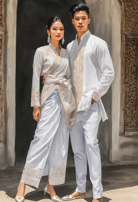 candid fashion illustration of two young man and women, 20 year old, adorned in a meticulously crafted North Thai traditional ou...