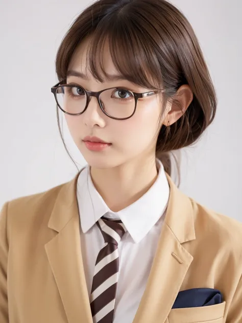 1girl, masterpiece, high_quality, office_uniform, glasses, brown_hair, necktie