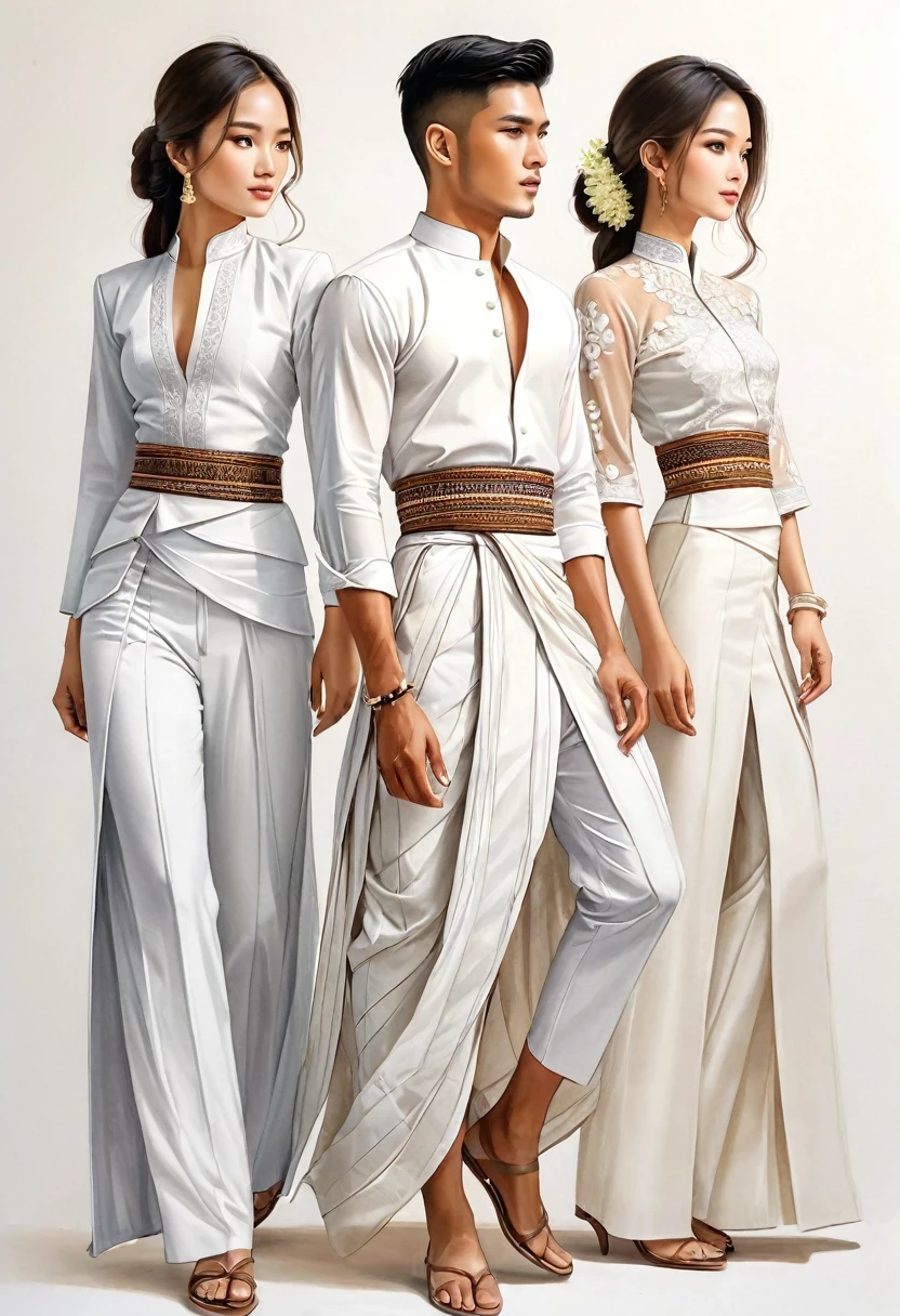 candid ファッションイラストレーション of two young man and women, 20歳, 丁寧に作られた北タイの伝統的な衣装を身にまとった, ((北タイ風のファッションを披露, 白色の手織りコットン)), シンプルでエレガント、そして贅沢なスタイル, 男性はシンプルな長袖の白いシャツを着ており、ディテールは最小限である。, 白のテーラーパンツと合わせて, 靴, 女性は、シンプルな模様の白いチューブスカートやサロンで彼を引き立てます。, 足首丈でウエスト周りを包み込むディテール, スカートとマッチする、フィット感のある精巧に装飾されたブラウス. ローアングルで撮影, ((全身画像)), 白い背景に優雅に佇む. 彼らの服装はシンプルで、複雑な刺繍と白いアクセントが施されている, 豊かなランナー文化遺産を反映するために慎重に選ばれた各要素, ((白いスタジオの背景)), リアルな色鉛筆の線, 完璧な描画, 木炭線, フェージングスケッチ, 簡単なスケッチ, やわらかい光, ファッションイラストレーション, ファッションスケッチ