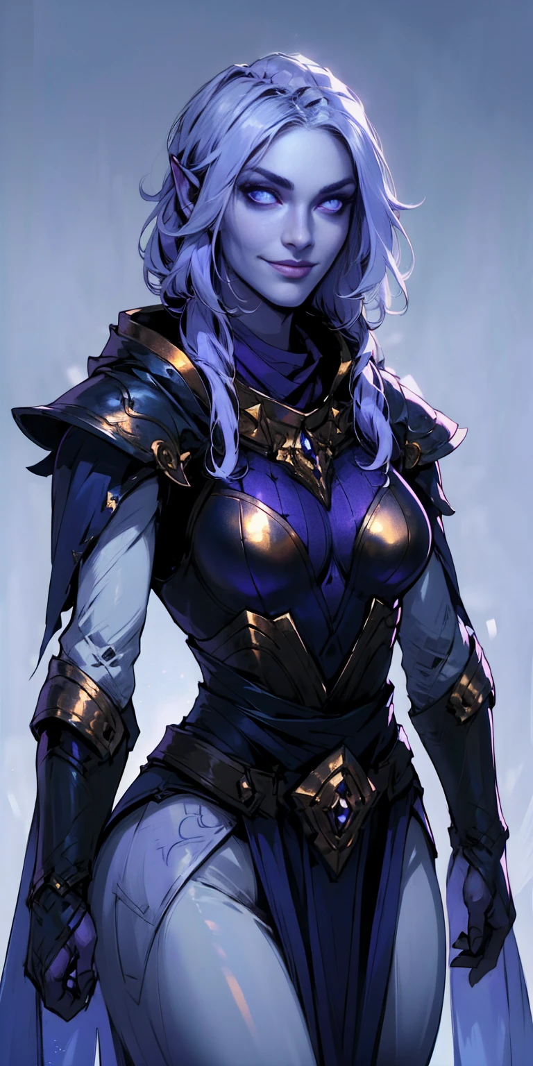 Character:

Female
Chest covered (presumably by clothing)
Smiling
Skin: Gray and purple
Hair: Pale golden
Eyes: Violet
Attire:

Prefers white and silver clothing
Deep blue or purple cloak (optional)
Background:

Plain
Image details:

High resolution ((highres) can be omitted)
Very detailed (including the clothing)