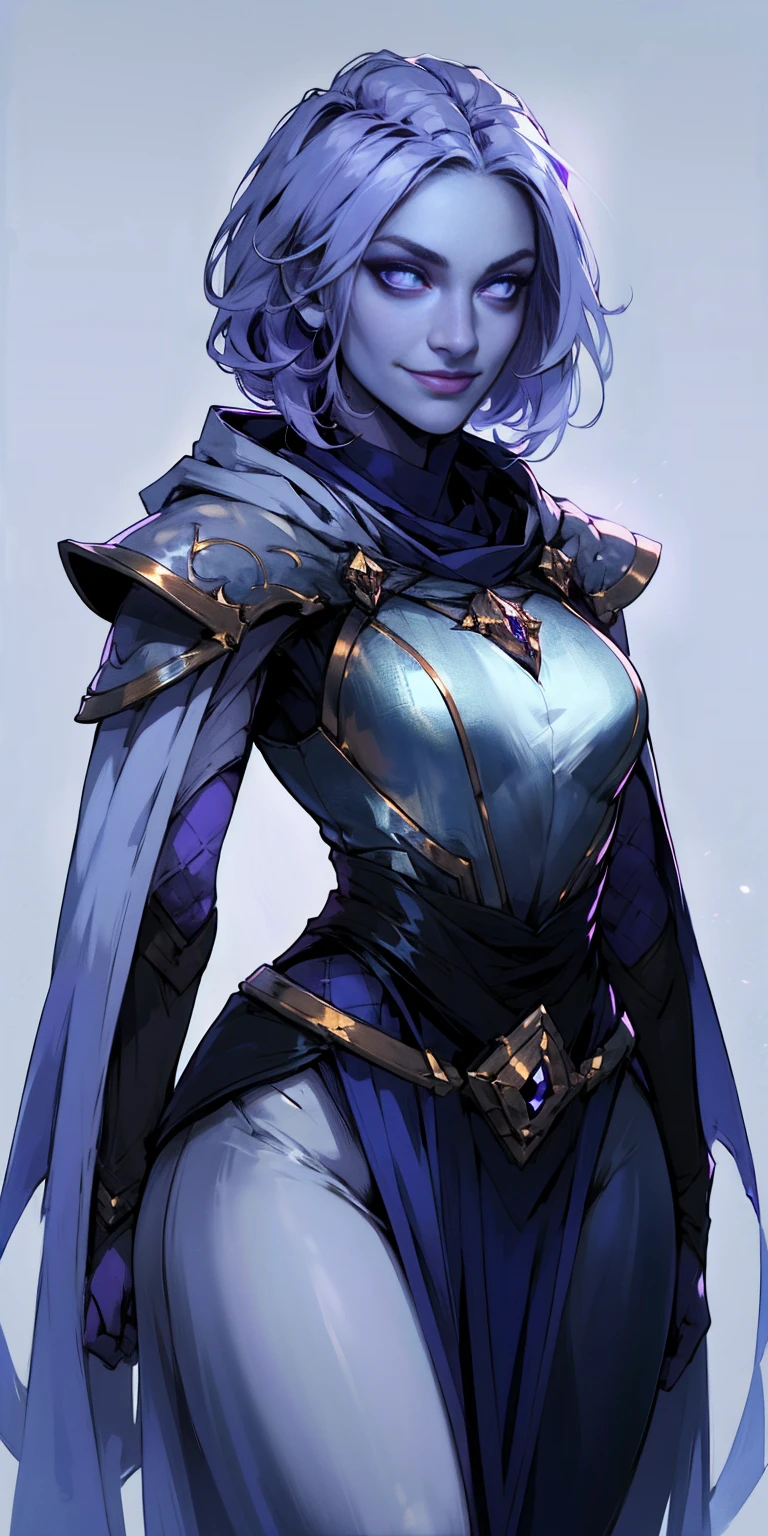 Character:

Female
Chest covered (presumably by clothing)
Smiling
Skin: Gray and purple
Hair: Pale golden
Eyes: Violet
Attire:

Prefers white and silver clothing
Deep blue or purple cloak (optional)
Background:

Plain
Image details:

High resolution ((highres) can be omitted)
Very detailed (including the clothing)