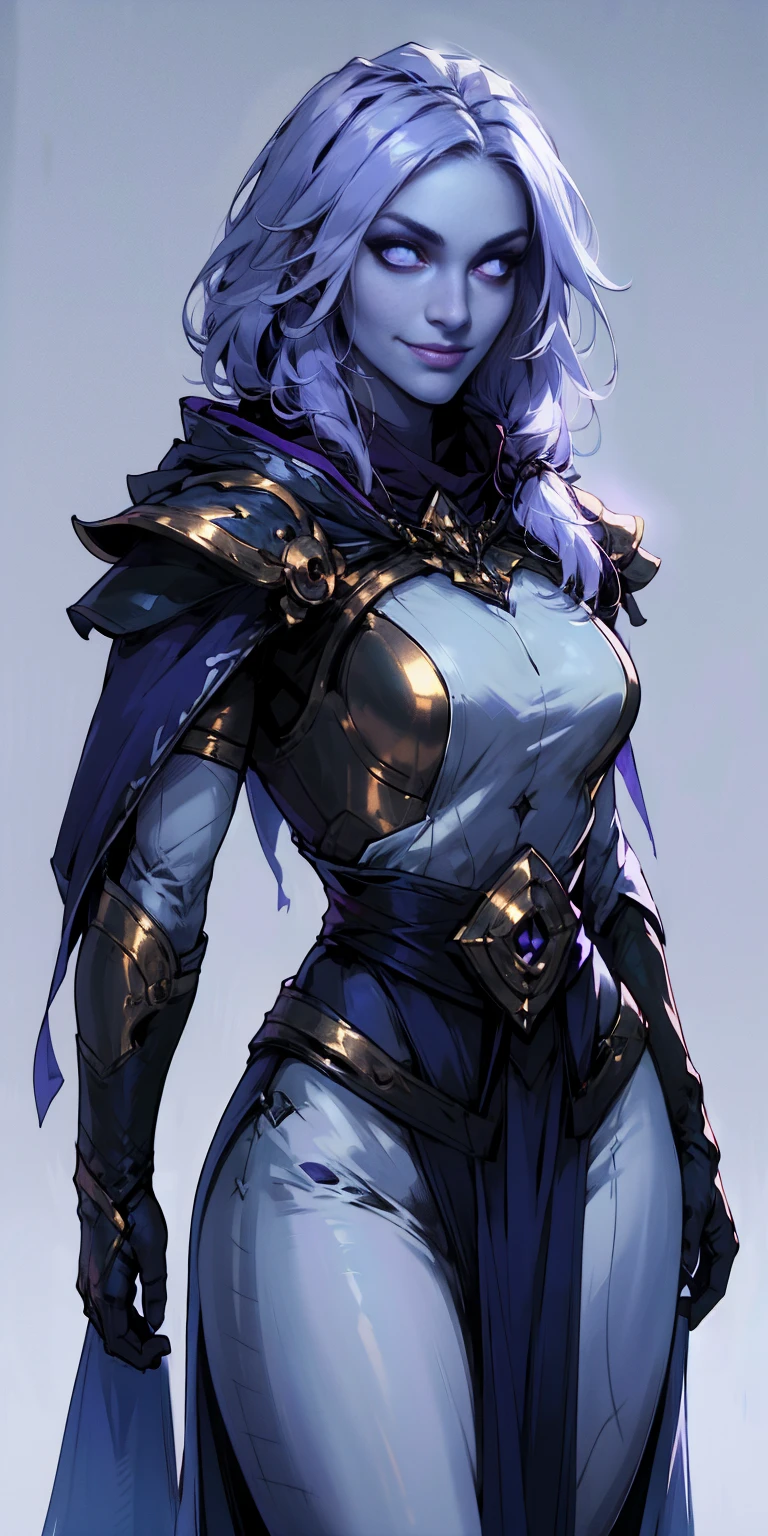 Character:

Female
Chest covered (presumably by clothing)
Smiling
Skin: Gray and purple
Hair: Pale golden
Eyes: Violet
Attire:

Prefers white and silver clothing
Deep blue or purple cloak (optional)
Background:

Plain
Image details:

High resolution ((highres) can be omitted)
Very detailed (including the clothing)